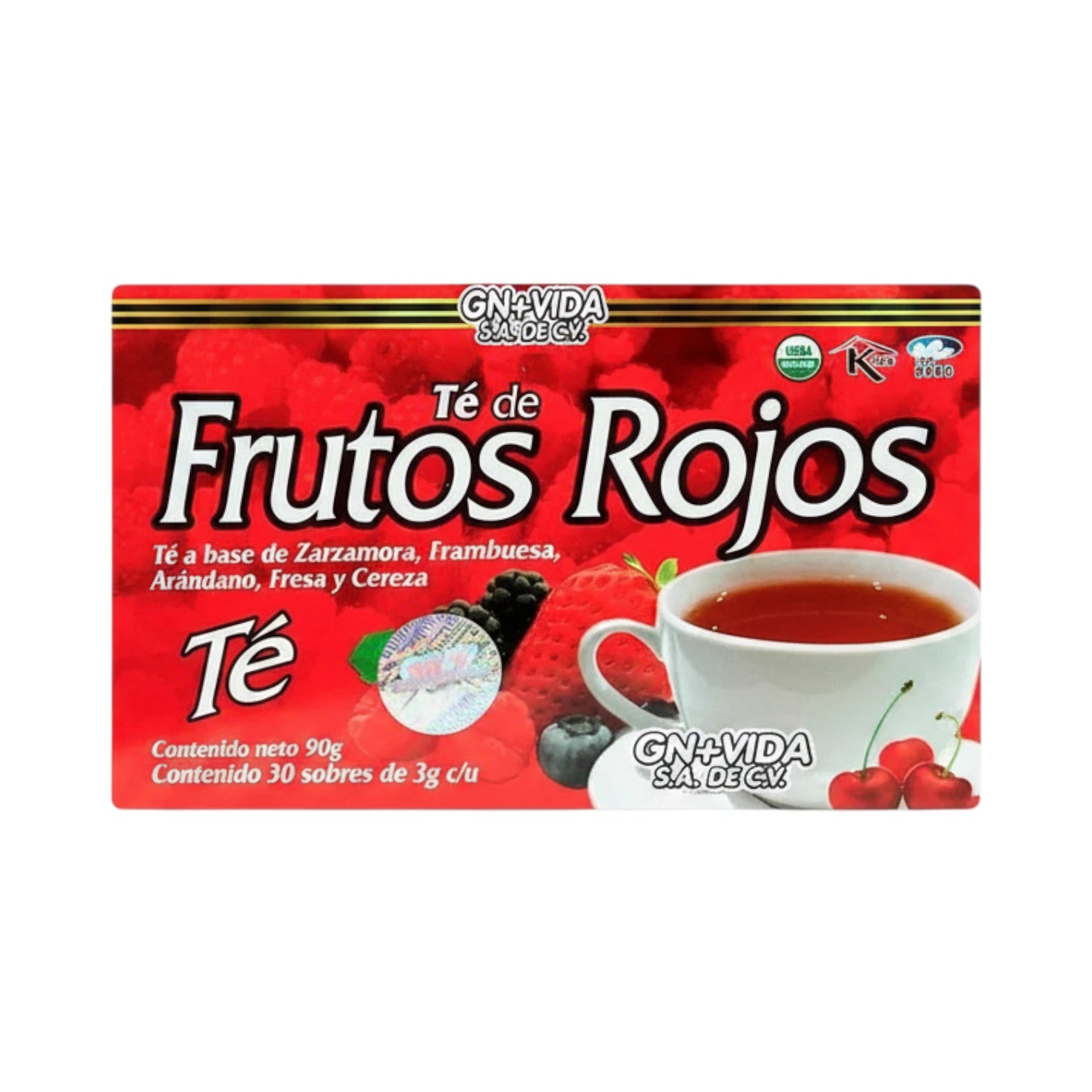 Caja roja de Té de Frutos Rojos GN+Vida con 30 sobres de 3 g, ilustración de taza y frutos rojos, sobre fondo blanco