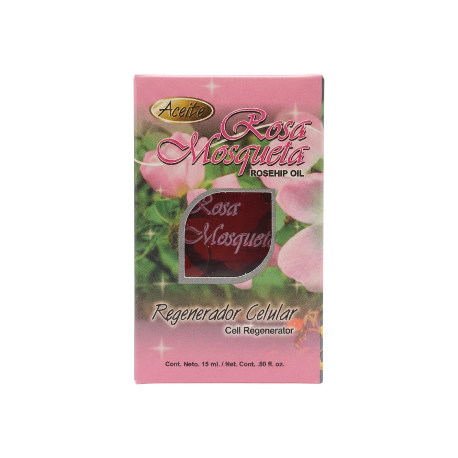 Caja y frasco de Aceite de Rosa Mosqueta Regenerador Celular marca Biofactor, presentación de 15 ml.