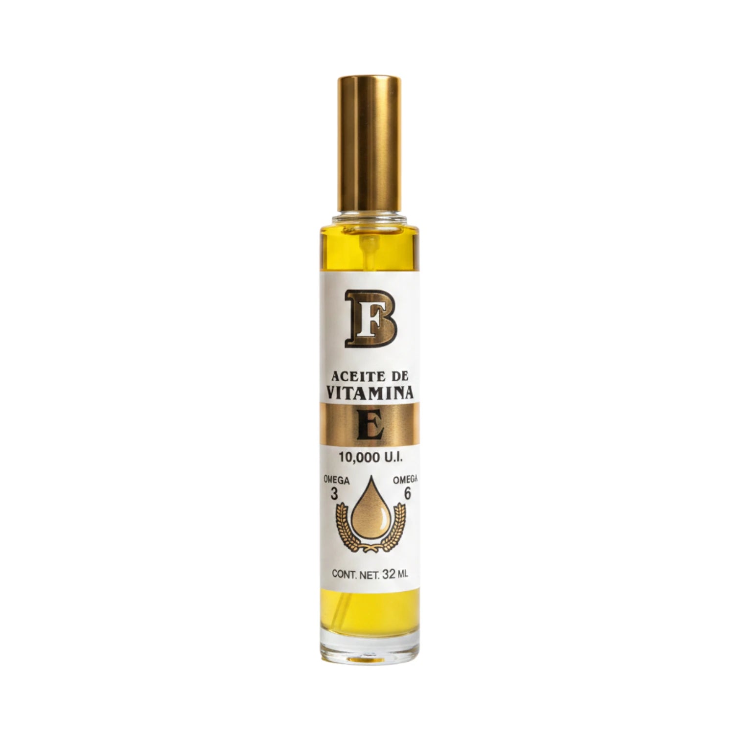 Frasco de Aceite de Vitamina E Biofactor con Omega 3 y 6 B 10,000 U.I., presentación de 32 ml.