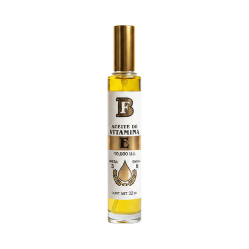 Frasco de Aceite de Vitamina E Biofactor con Omega 3 y 6 B 10,000 U.I., presentación de 32 ml.
