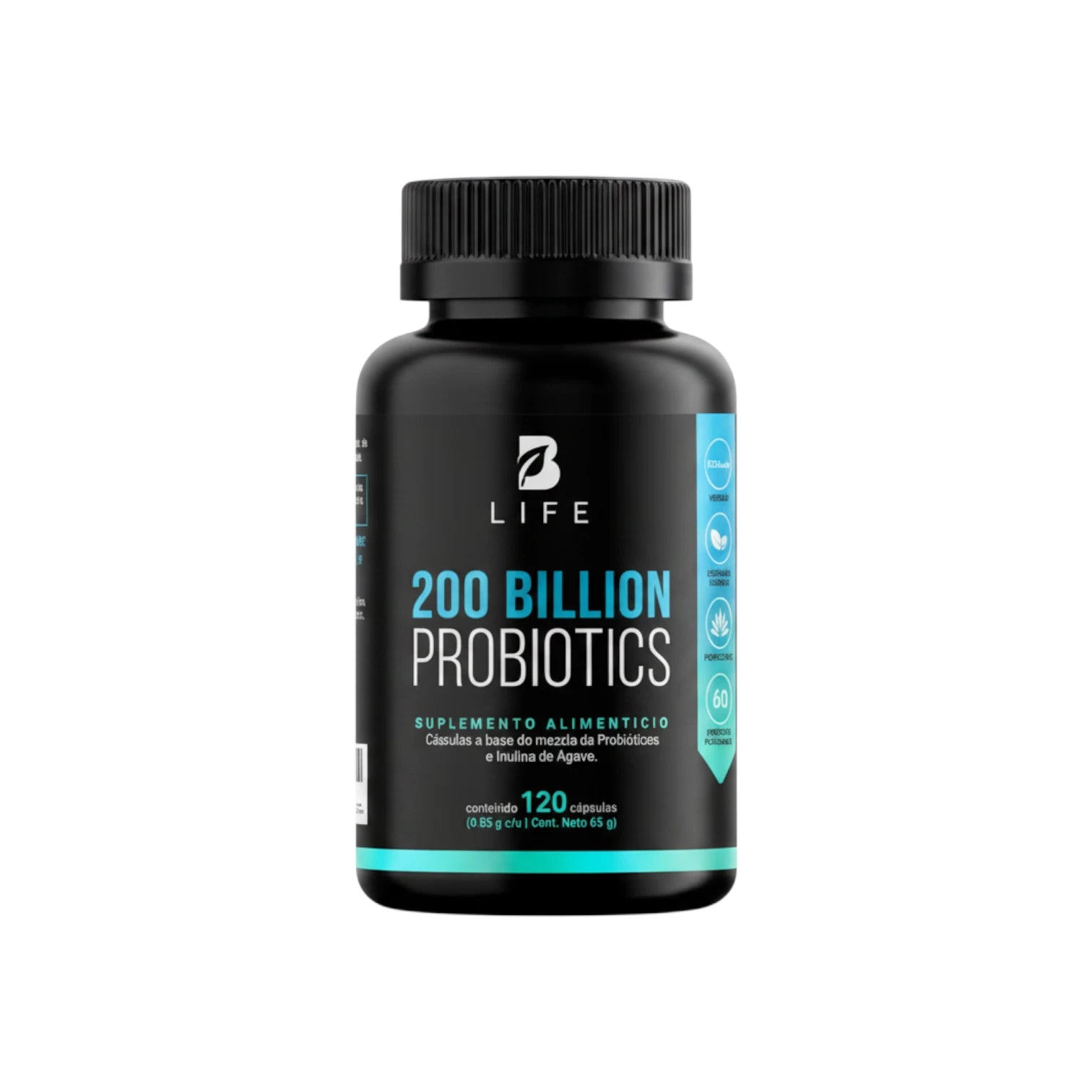 Frasco de 200 Billion Probiotics B Life, suplemento alimenticio de alta concentración con 120 cápsulas.
