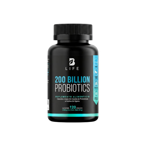 Frasco de 200 Billion Probiotics B Life, suplemento alimenticio de alta concentración con 120 cápsulas.
