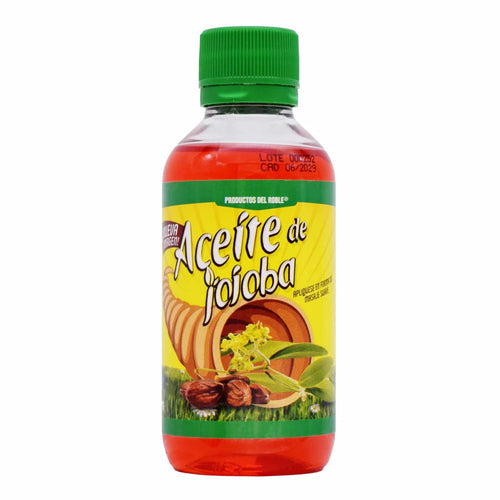 Aceite de jojoba de la marca Productos del Roble. Este producto es un aceite diseñado para uso tópico, reconocido por sus propiedades hidratantes y sus beneficios en el cuidado de la piel y el cabello.