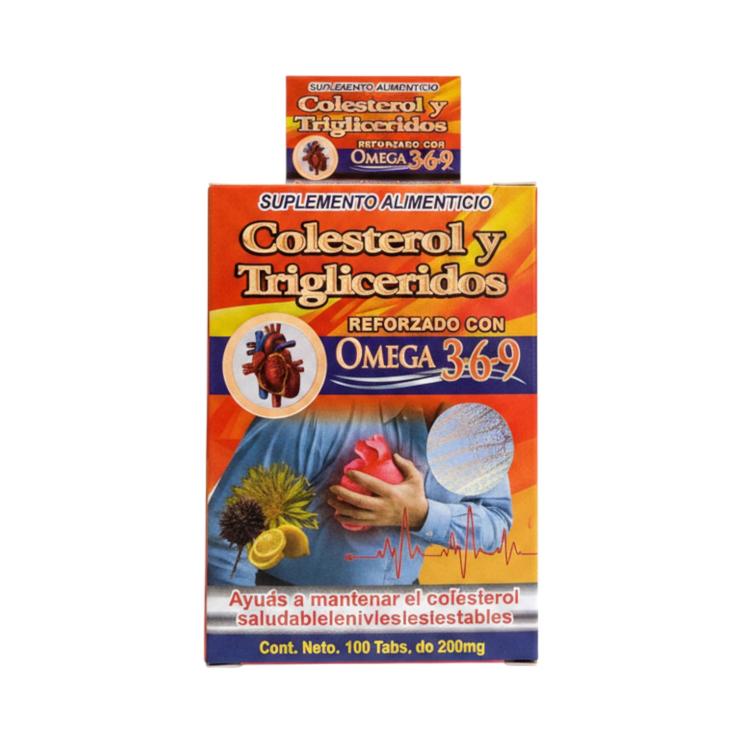 Frasco de Colesterol y Triglicéridos reforzado con Omega 3-6-9, complemento alimenticio de 100 tabletas