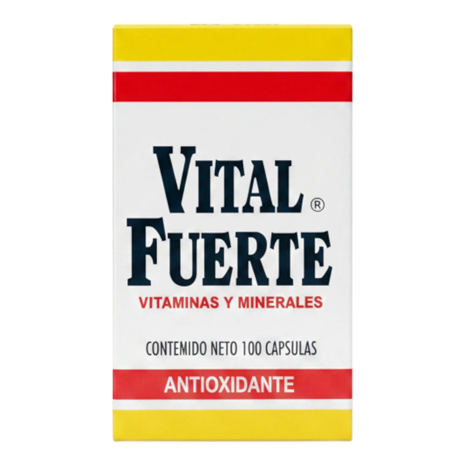 Frasco de Vital Fuerte, complemento alimenticio en presentación de 100 cápsulas