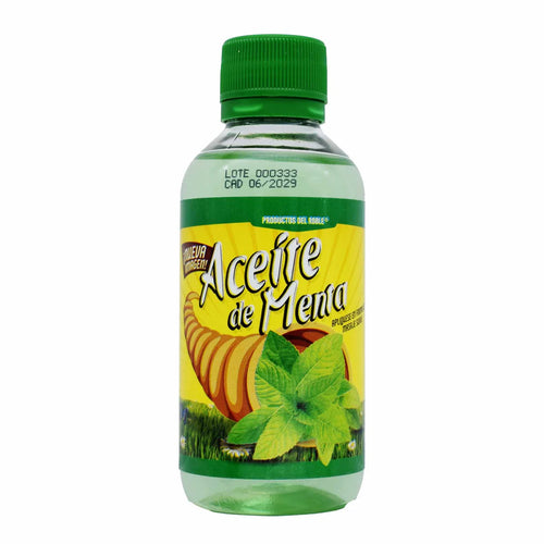 Aceite de menta de la marca Productos del Roble. Este producto es un aceite diseñado para uso tópico, reconocido por sus propiedades refrescantes y sus diversas aplicaciones en el cuidado personal y bienestar.
