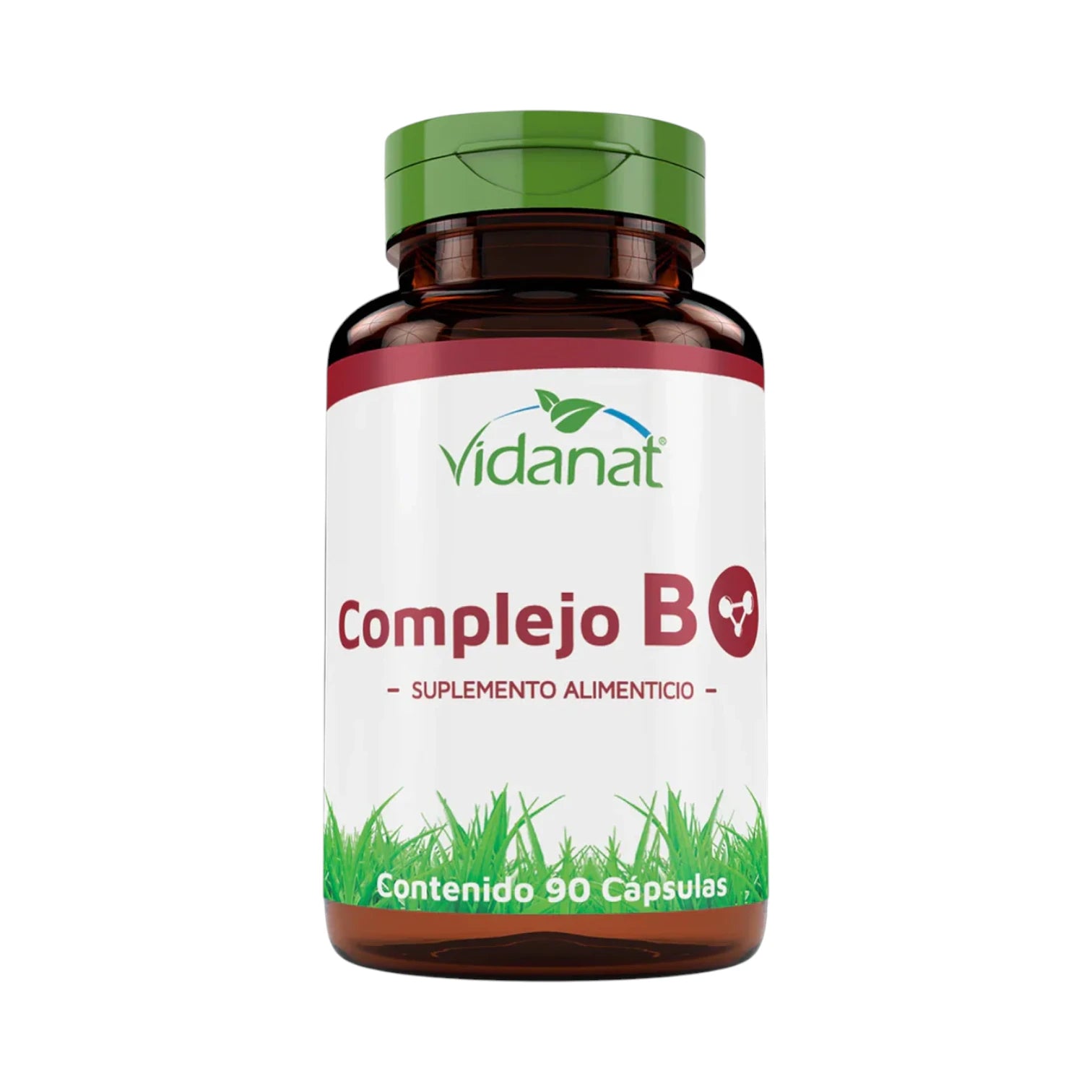 Frasco ámbar de 90 cápsulas de Complejo B Vidanat con tapa verde y etiqueta vino, sobre fondo blanco