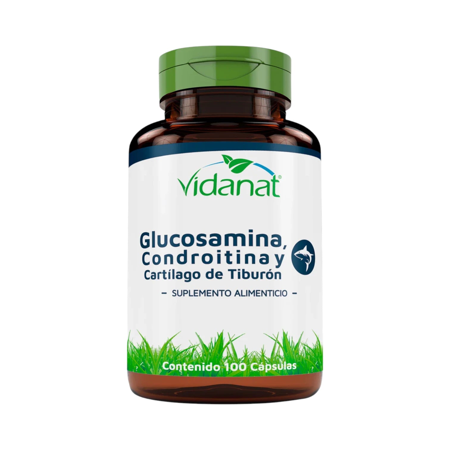 Frasco ámbar de 100 cápsulas de Glucosamina, Condroitina y Cartílago de Tiburón Vidanat con tapa verde, sobre fondo blanco