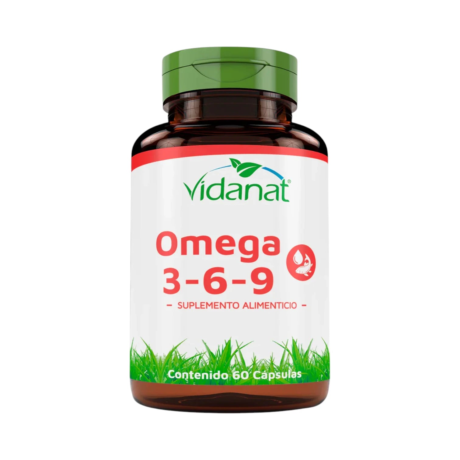 Frasco ámbar de 60 cápsulas de Omega 3-6-9 Vidanat con tapa verde y etiqueta roja, sobre fondo blanco