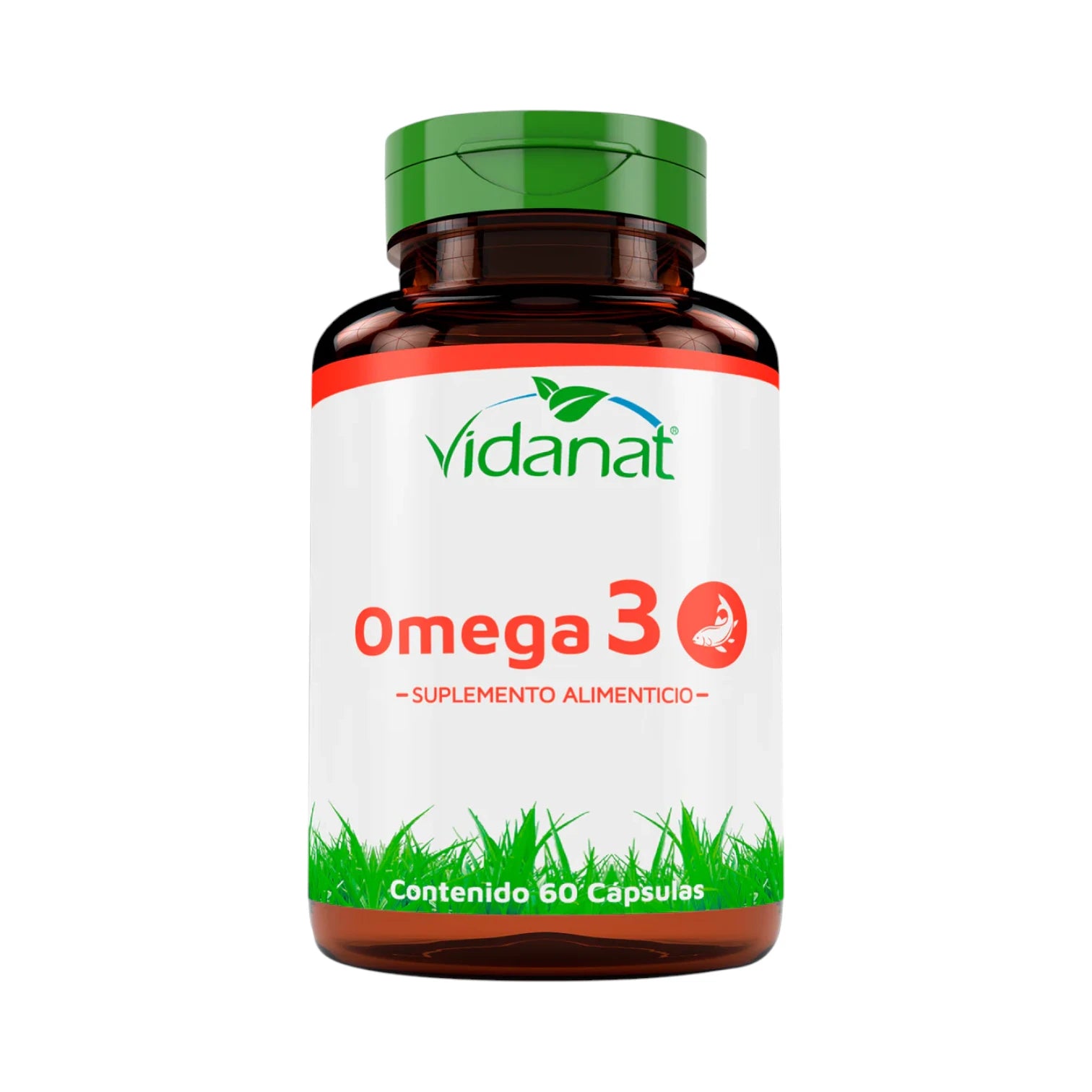 Frasco ámbar de 60 cápsulas de Omega 3 Vidanat con tapa verde y etiqueta roja, sobre fondo blanco