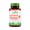 Frasco ámbar de 100 tabletas de Vitamina A1000 Vidanat con tapa verde y etiqueta naranja, sobre fondo blanco