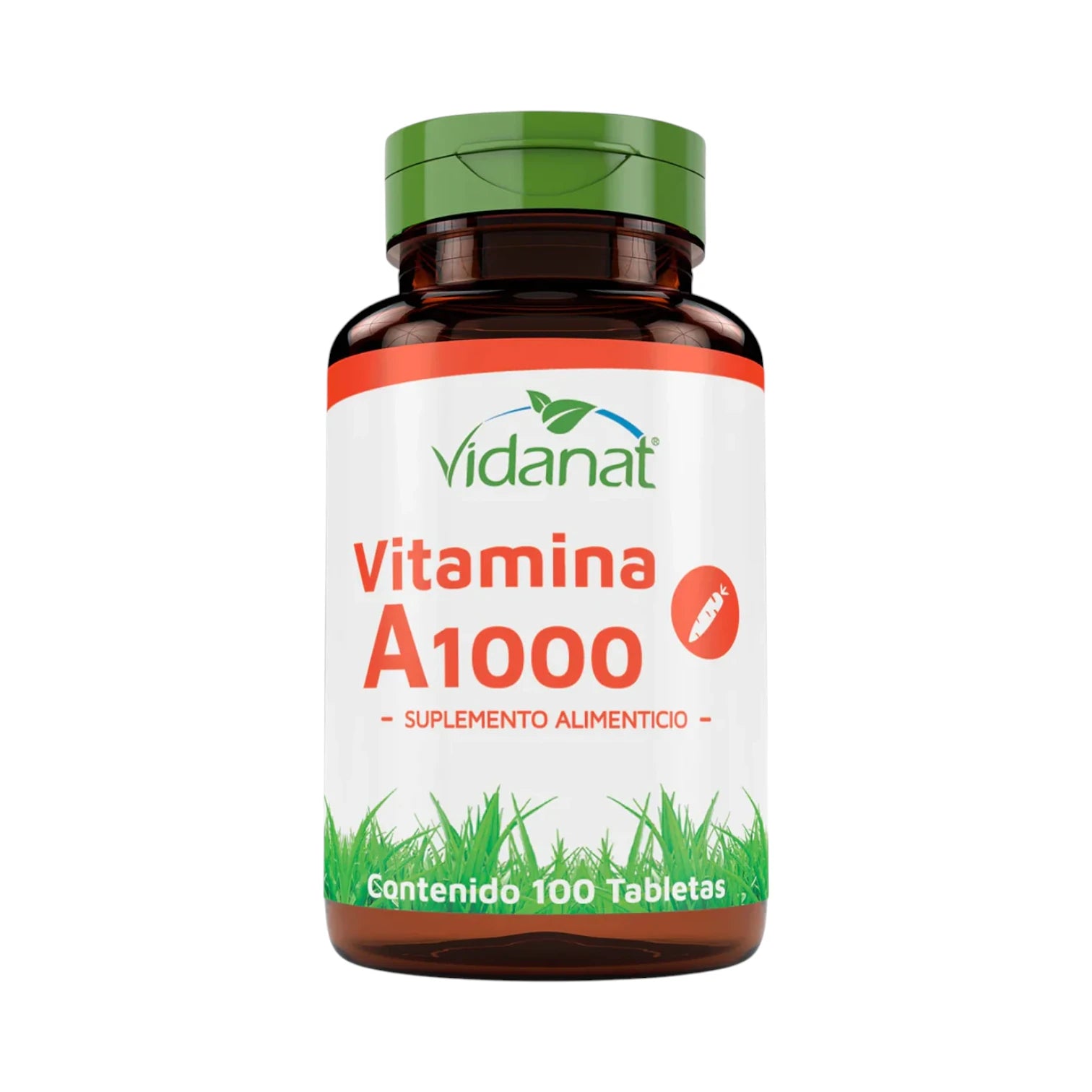 Frasco ámbar de 100 tabletas de Vitamina A1000 Vidanat con tapa verde y etiqueta naranja, sobre fondo blanco
