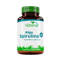 Frasco ámbar de 200 tabletas de Alga Spirulina Vidanat con tapa verde y etiqueta turquesa, sobre fondo blanco