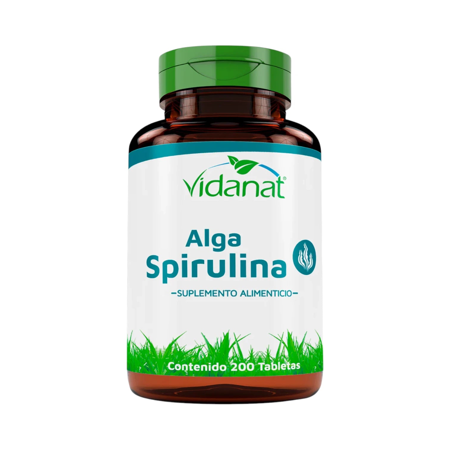 Frasco ámbar de 200 tabletas de Alga Spirulina Vidanat con tapa verde y etiqueta turquesa, sobre fondo blanco