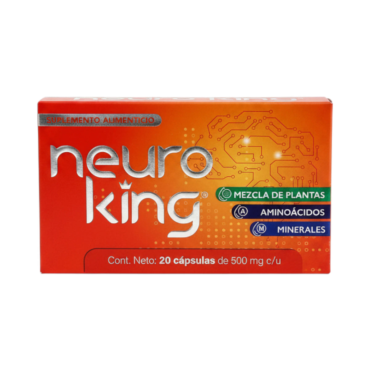 Caja de Neuro King, suplemento alimenticio con mezcla de plantas, aminoácidos y minerales, 20 cápsulas de 500 mg