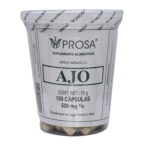 Suplemento alimenticio a base de Ajo (Allium sativum L.) de la marca Prosa. Presentación en frasco con 150 cápsulas de 500 mg cada una. Este producto es elaborado con ajo deshidratado en polvo, reconocido tradicionalmente por sus beneficios para apoyar la salud cardiovascular, fortalecer el sistema inmunológico y favorecer una circulación saludable como parte de un estilo de vida equilibrado.
