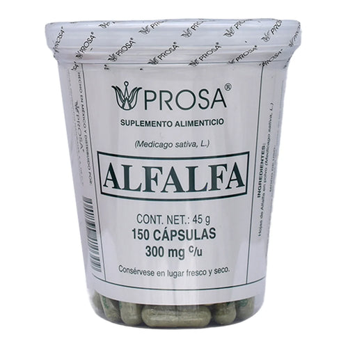 Suplemento alimenticio a base de Alfalfa (Medicago sativa, L.) de la marca Prosa. Presentación en frasco con 150 cápsulas de 300 mg cada una. Este producto es elaborado con hojas de alfalfa deshidratadas en polvo, diseñado para complementar la dieta diaria con las propiedades nutricionales de esta planta. Sugerencia de consumo: mantener en un lugar fresco y seco, y seguir las indicaciones del envase o consultar a un profesional de la salud.