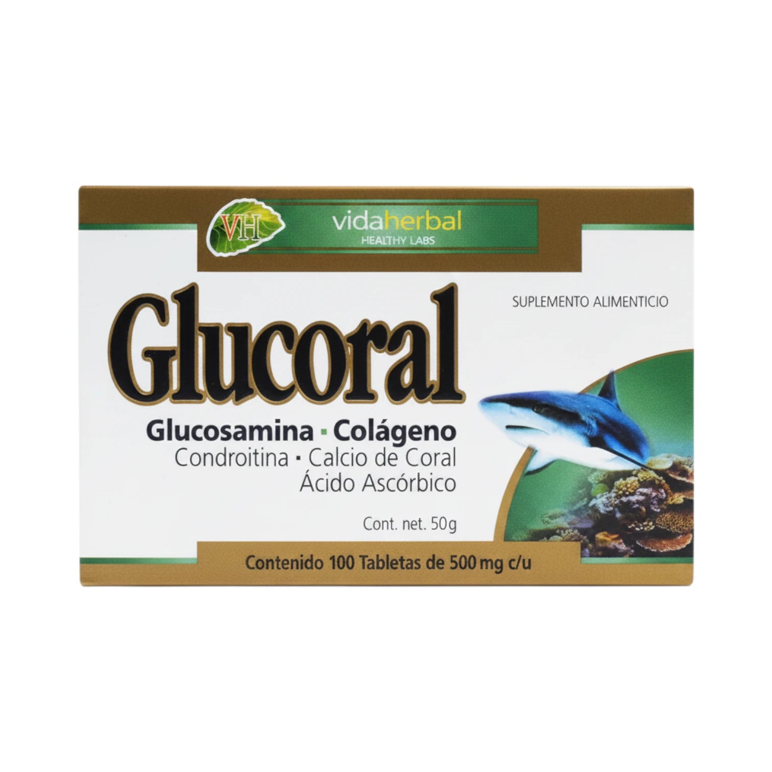 Caja de Glucoral Vida Herbal con Glucosamina, Colágeno y Condroitina, presentación de 100 tabletas