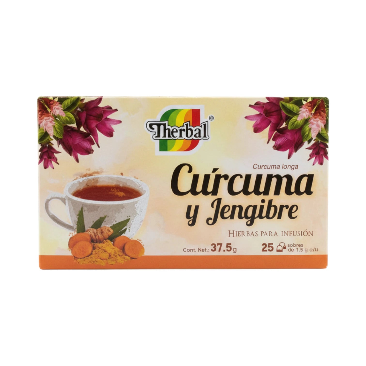 Therbal Cúrcuma y Jengibre, hierbas para infusión, 37.5g, 25 sobres de 1.5g c/u.