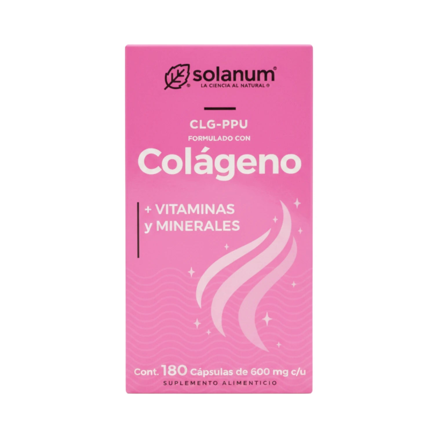 Caja y frasco de Colágeno Solanum CLG-PPU con vitaminas y minerales, presentación de 180 cápsulas.
