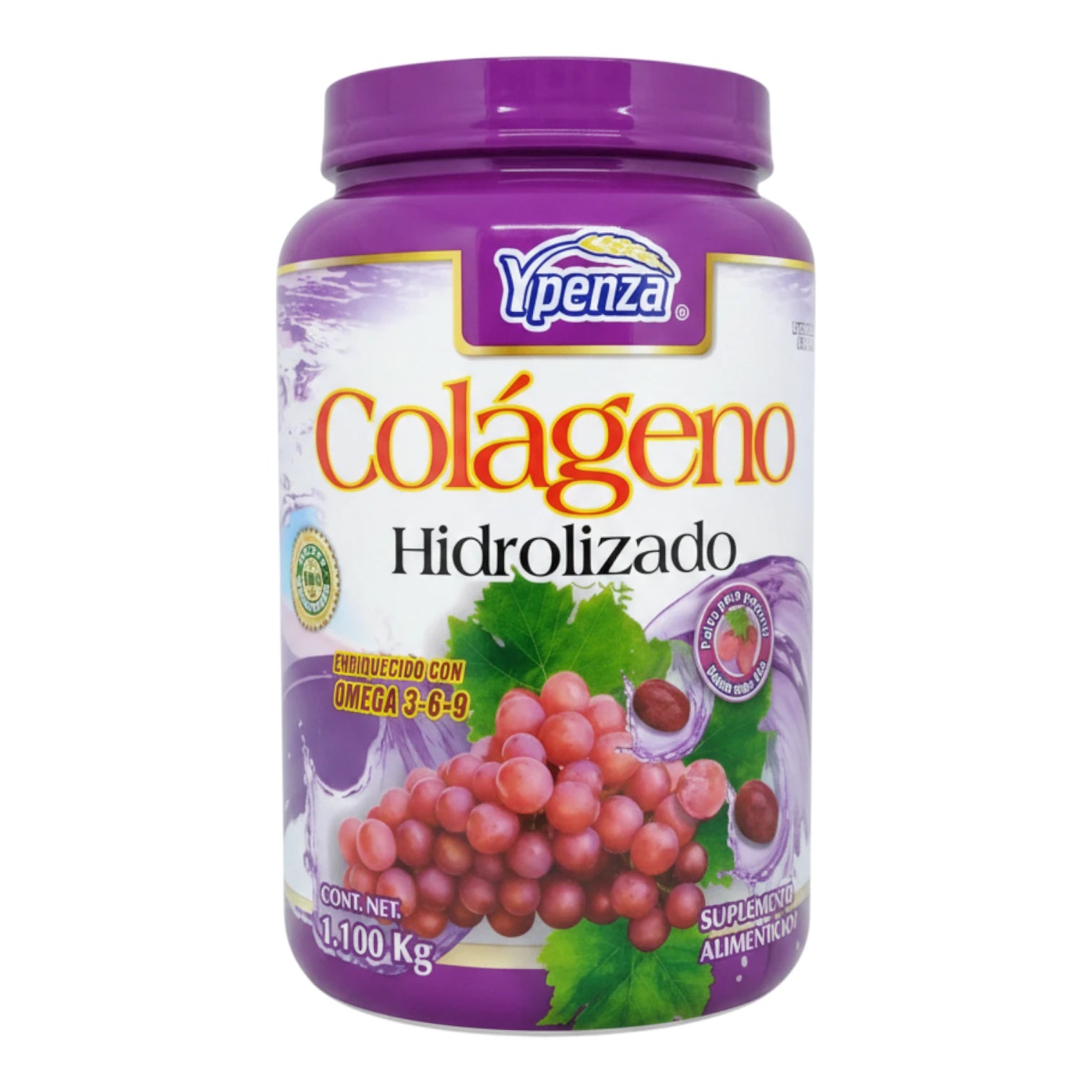 Frasco de Colágeno Hidrolizado Ypenza sabor uva enriquecido con Omega 3, 6 y 9, presentación de 1.1 kg.
