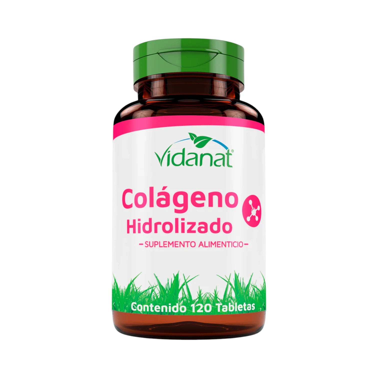 Frasco ámbar de 120 tabletas de Colágeno Hidrolizado Vidanat con tapa verde y etiqueta rosa, sobre fondo blanco