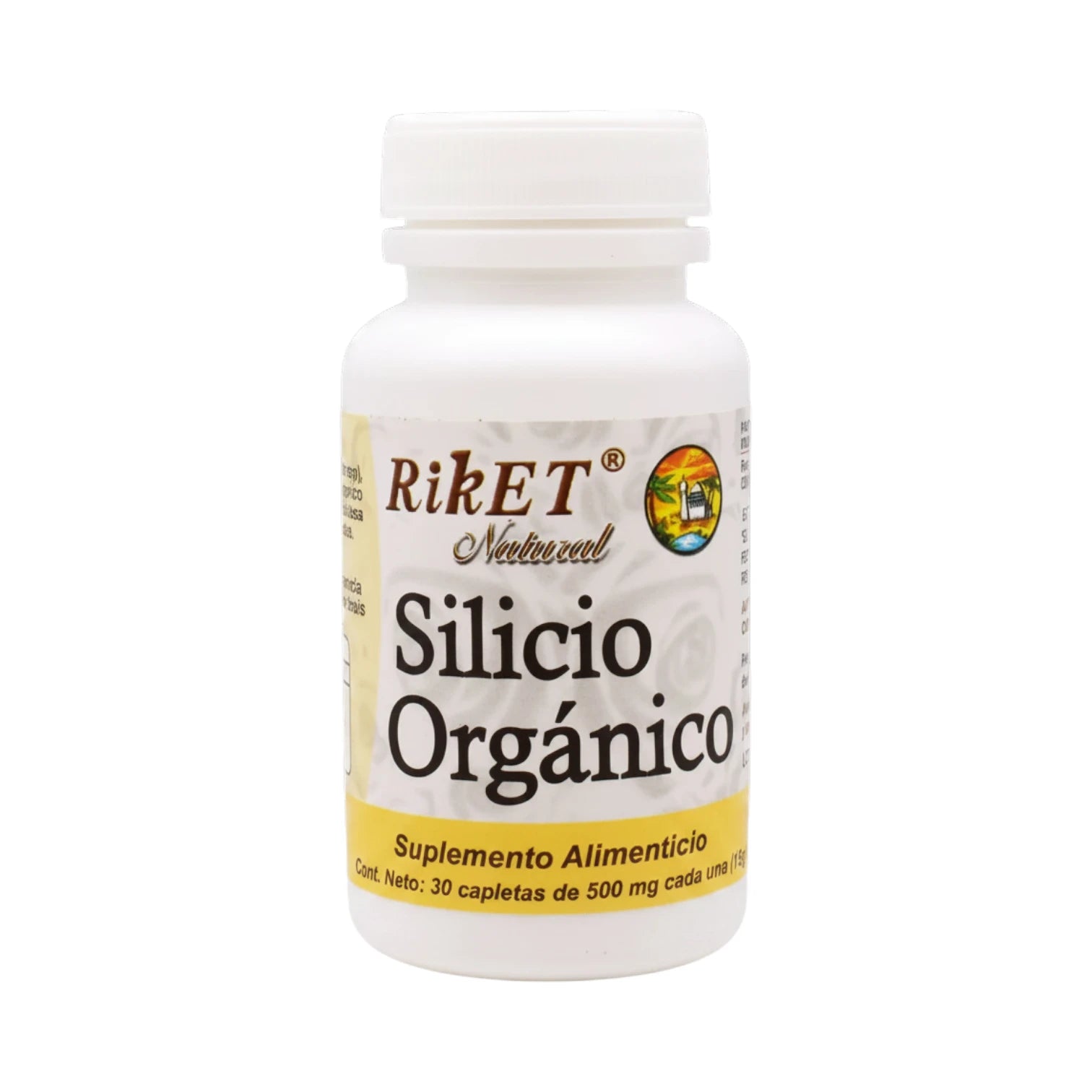 Frasco blanco de 30 capletas de Silicio Orgánico RikET Natural con etiqueta beige, sobre fondo blanco