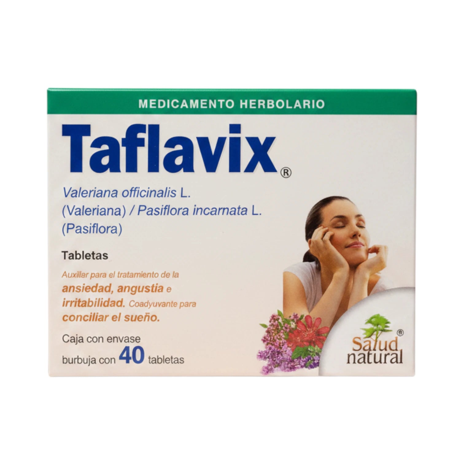 Caja de Taflavix, medicamento herbolario de Valeriana y Pasiflora, presentación de 40 tabletas.