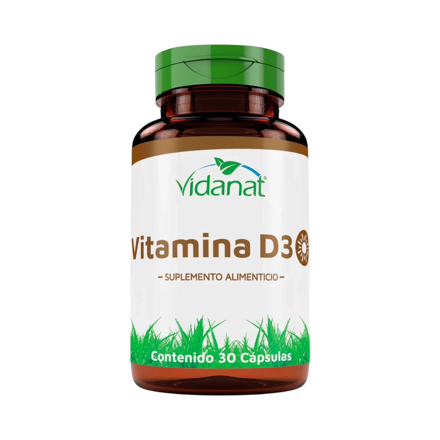 Frasco ámbar de 30 cápsulas de Vitamina D3 Vidanat con tapa verde y etiqueta café, sobre fondo blanco