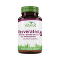 Frasco ámbar de 30 cápsulas de Resveratrol con Té Verde y Semilla de Uva Vidanat con tapa verde y etiqueta morada, sobre fondo blanco