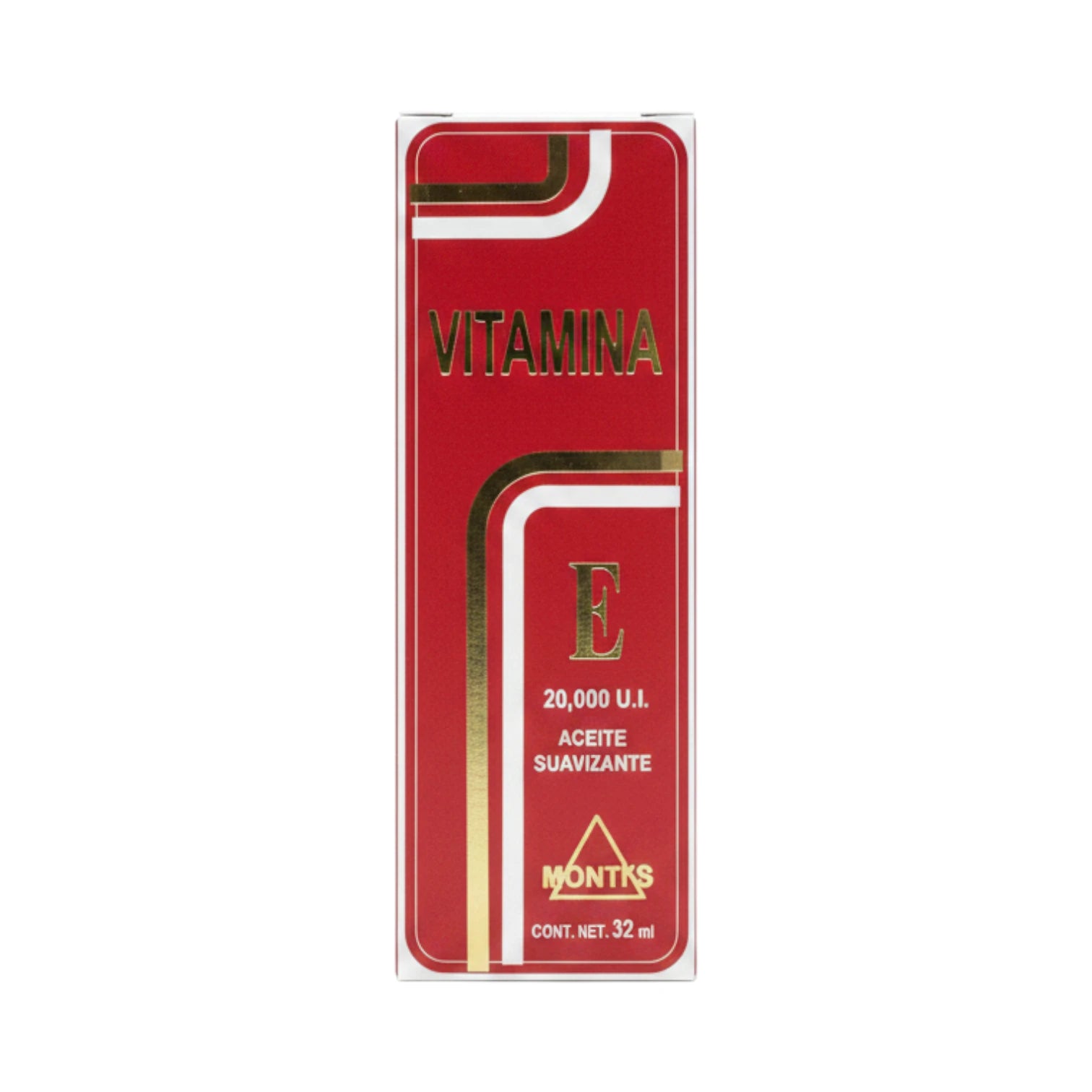 Caja y frasco de Aceite Suavizante Vitamina E Montis 20,000 U.I., presentación de 32 ml.