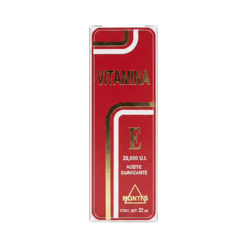Caja y frasco de Aceite Suavizante Vitamina E Montis 20,000 U.I., presentación de 32 ml.