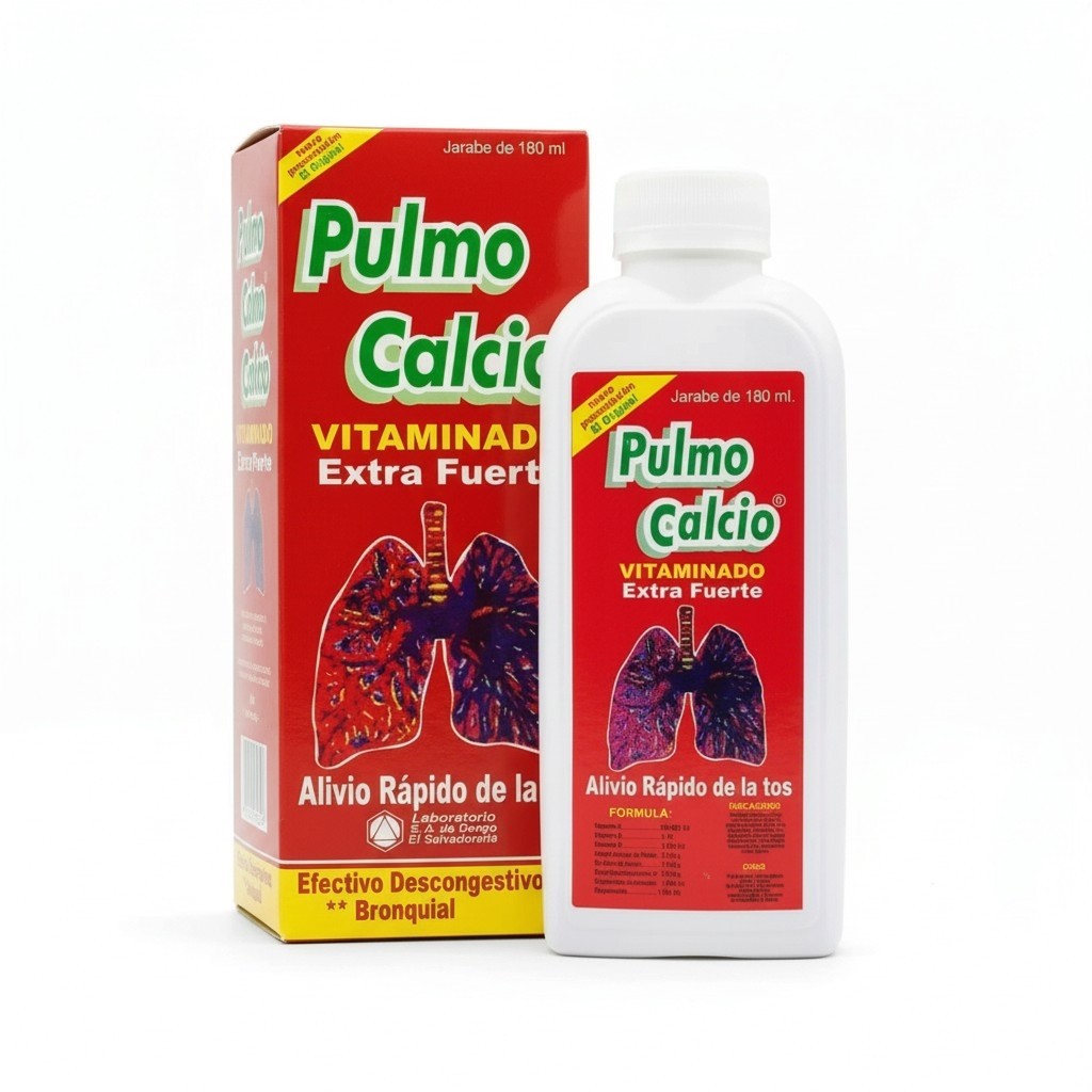 Caja y frasco de jarabe Pulmo Calcio Vitaminado Extra Fuerte de 180 ml para el alivio rápido de la tos y descongestivo bronquial.