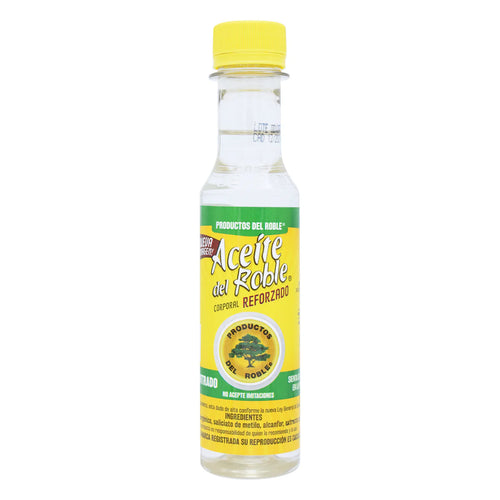 Aceite del roble corporal reforzado de la marca Productos del Roble. Este producto está diseñado para aplicación tópica, ofreciendo beneficios para el cuidado y bienestar de la piel.
