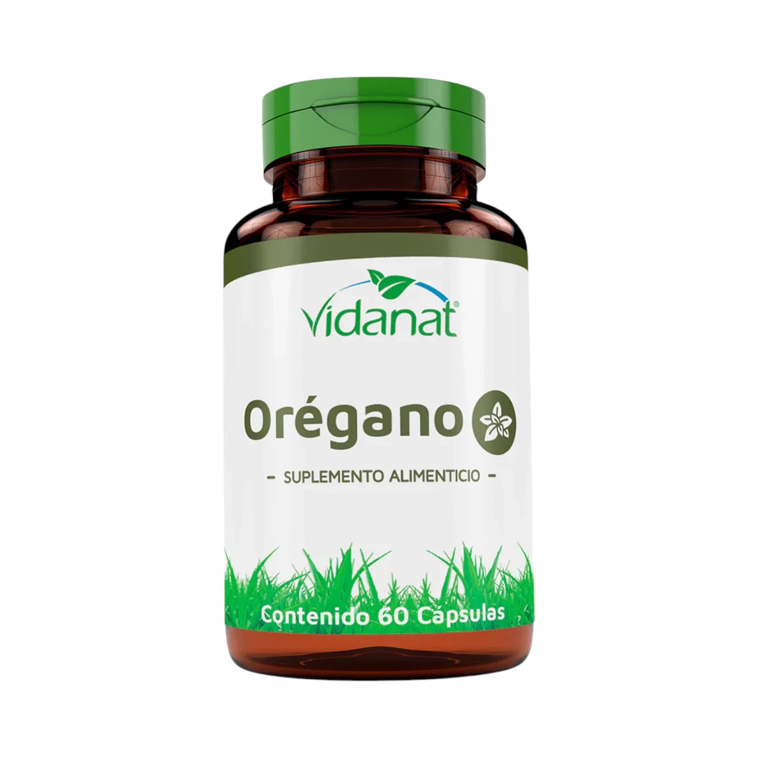 Frasco ámbar de 60 cápsulas de Orégano Vidanat con tapa verde y etiqueta verde oliva, sobre fondo blanco