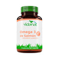 Frasco ámbar de 60 cápsulas de Omega 3 de Salmón Vidanat con tapa verde y etiqueta durazno, sobre fondo blanco