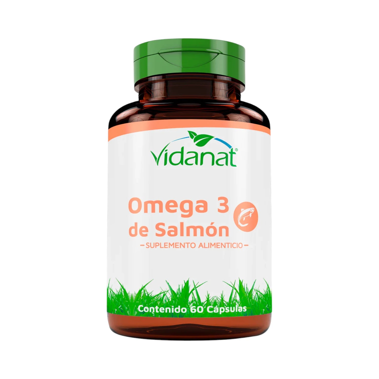 Frasco ámbar de 60 cápsulas de Omega 3 de Salmón Vidanat con tapa verde y etiqueta durazno, sobre fondo blanco
