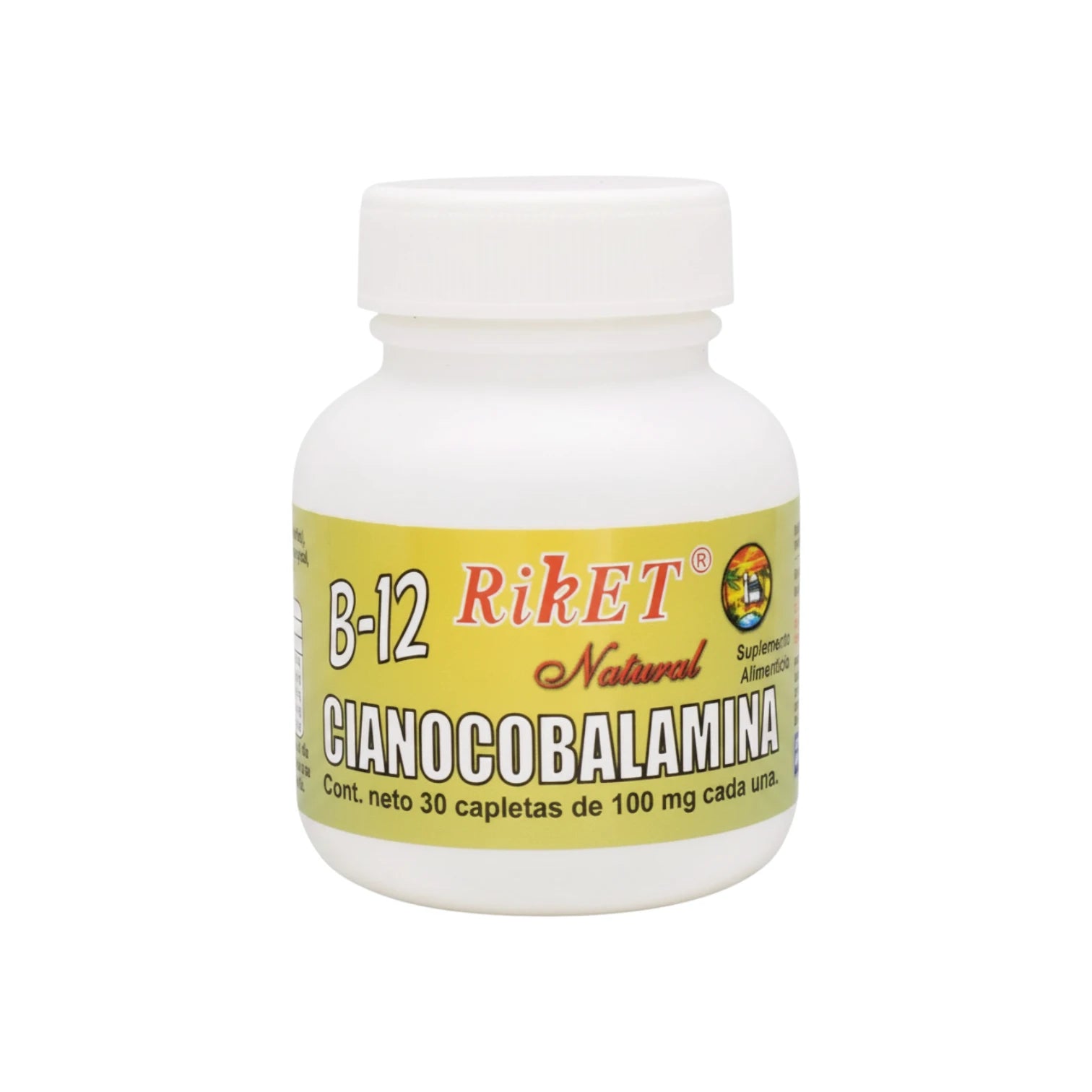 B-12 Cianocobalamina Riket, suplemento alimenticio, 30 capletas de 100 mg c/u.