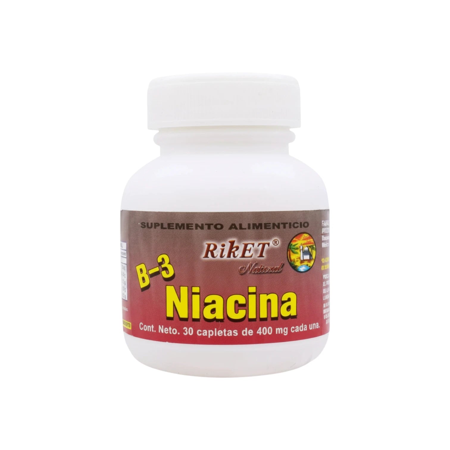 Niacina Riket, suplemento alimenticio, 30 capletas de 400 mg c/u.