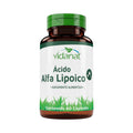 Frasco ámbar de 60 cápsulas de Ácido Alfa Lipoico Vidanat con tapa verde y etiqueta verde oscuro, sobre fondo blanco