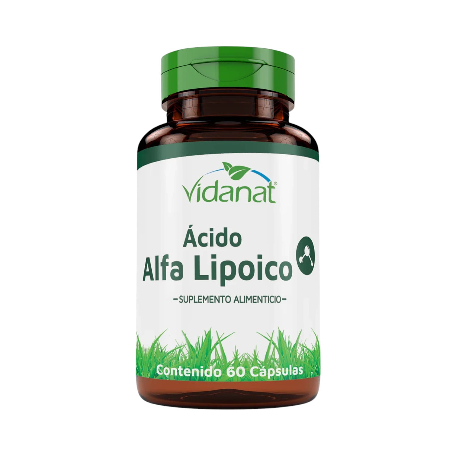 Frasco ámbar de 60 cápsulas de Ácido Alfa Lipoico Vidanat con tapa verde y etiqueta verde oscuro, sobre fondo blanco