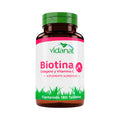 Frasco ámbar de 180 tabletas de Biotina, Colágeno y Vitamina C Vidanat con tapa verde y etiqueta rosa, sobre fondo blanco