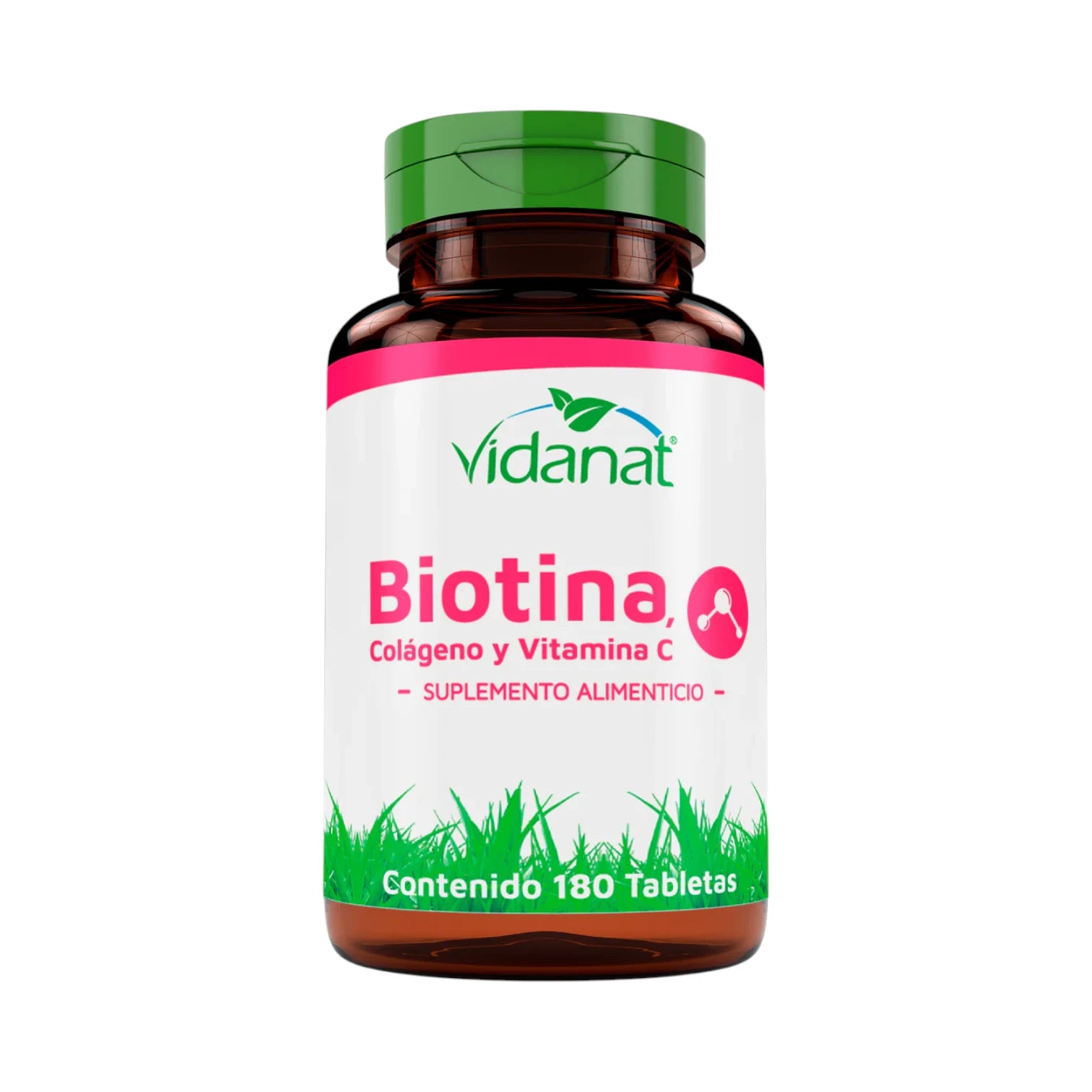 Frasco ámbar de 180 tabletas de Biotina, Colágeno y Vitamina C Vidanat con tapa verde y etiqueta rosa, sobre fondo blanco