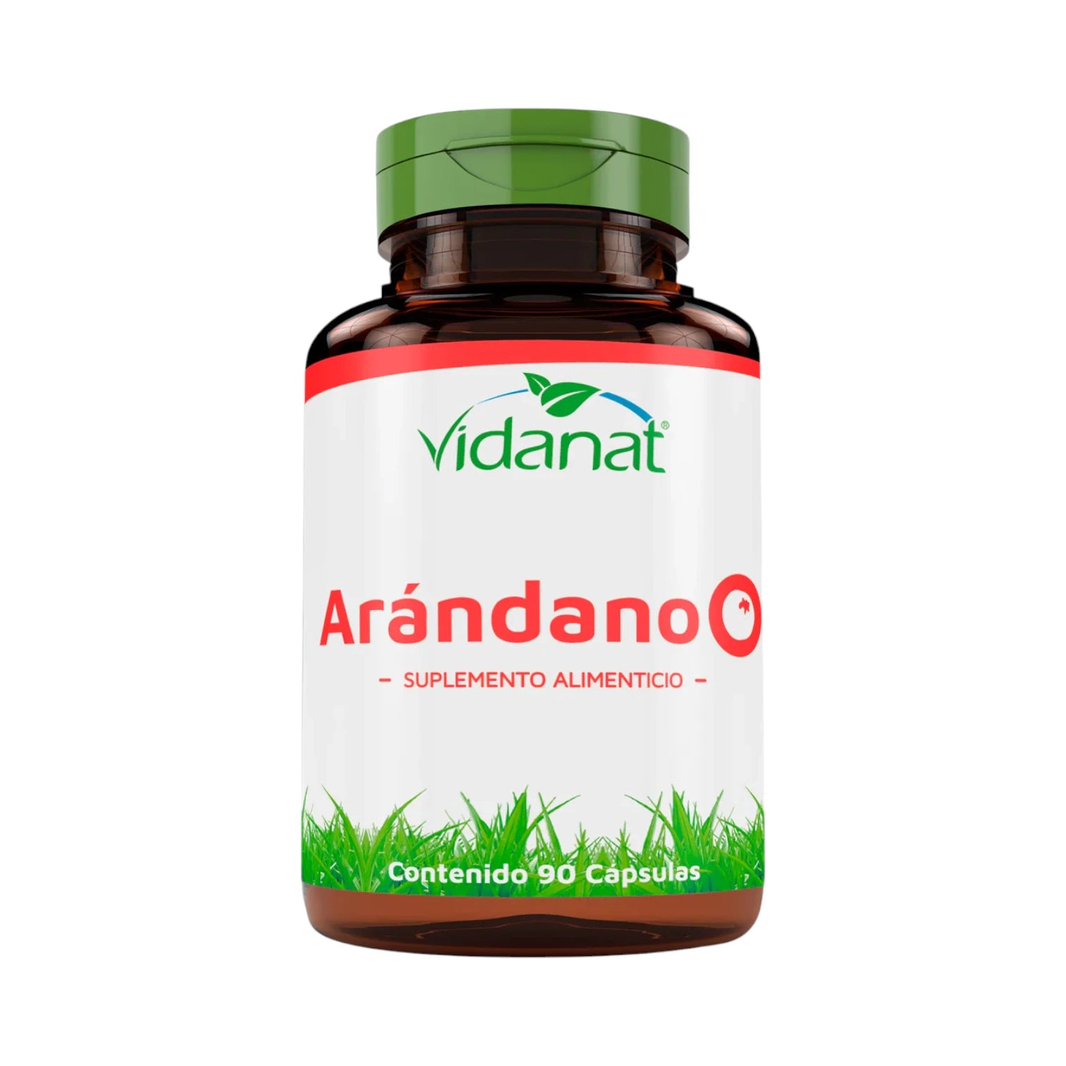 Frasco ámbar de 90 cápsulas de Arándano Vidanat con tapa verde y etiqueta roja, sobre fondo blanco