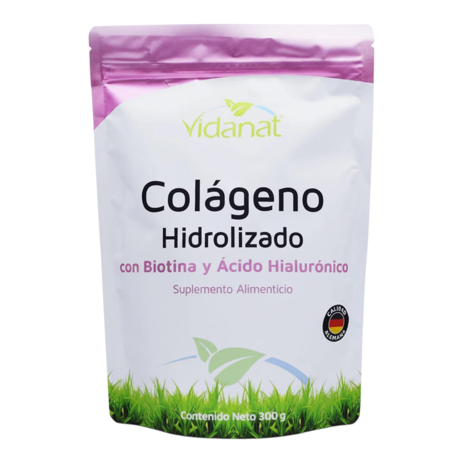 Bolsa doypack de 300 g de Colágeno Hidrolizado con Biotina y Ácido Hialurónico Vidanat, tapa morada, sobre fondo blanco