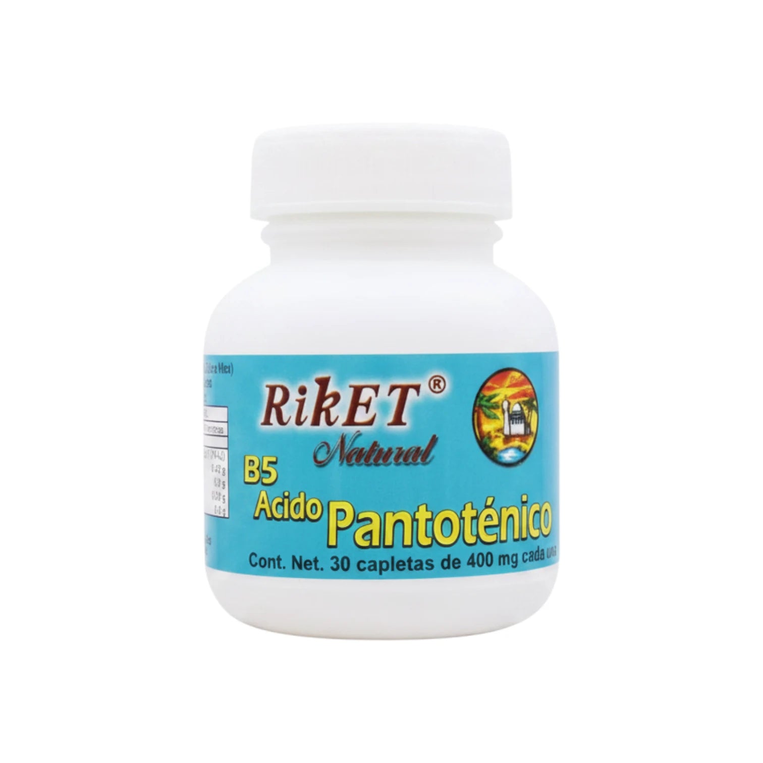 Riket B5 Ácido Pantoténico, suplemento alimenticio, 30 capletas de 400 mg c/u.