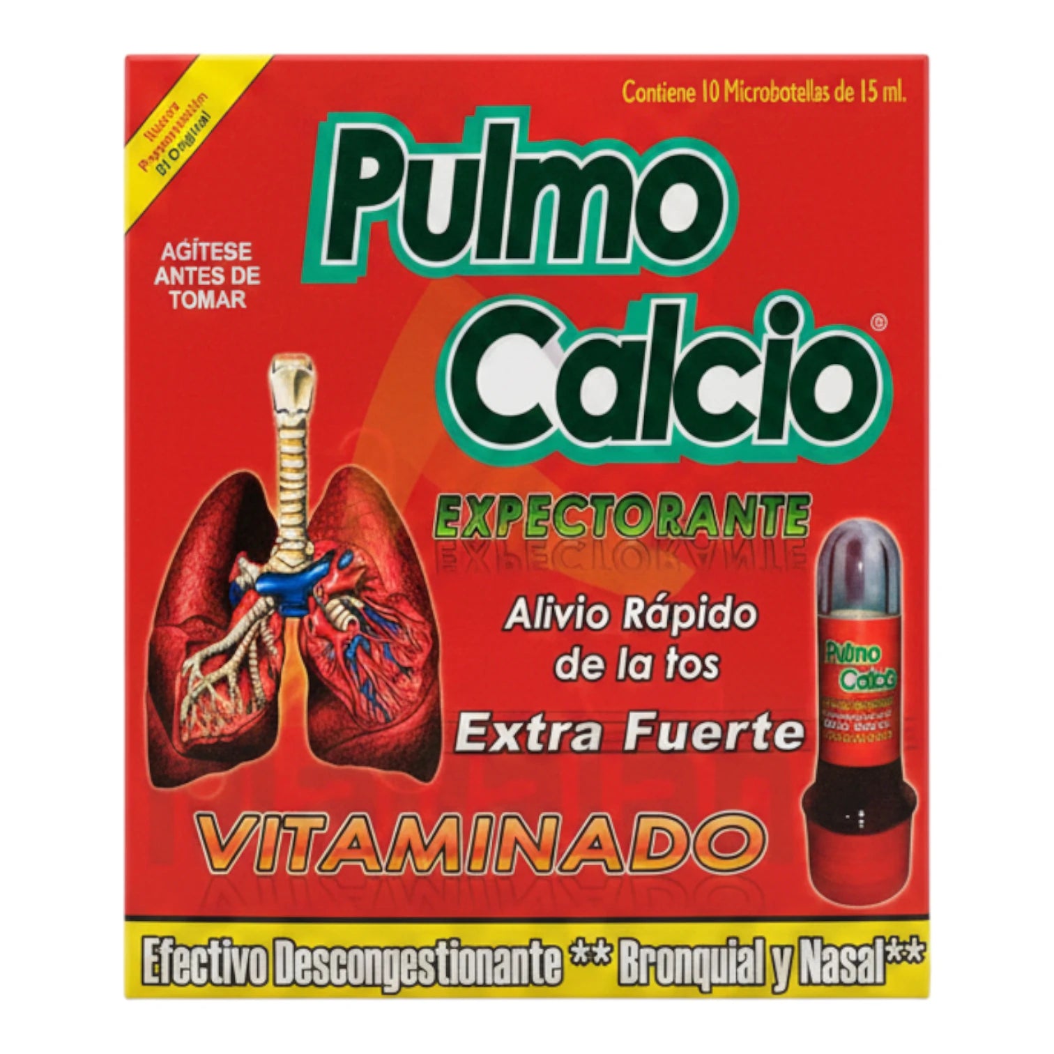 Caja y microbotella de Pulmo Calcio Expectorante Vitaminado Extra Fuerte, presentación de 10 ampolletas de 15 ml.