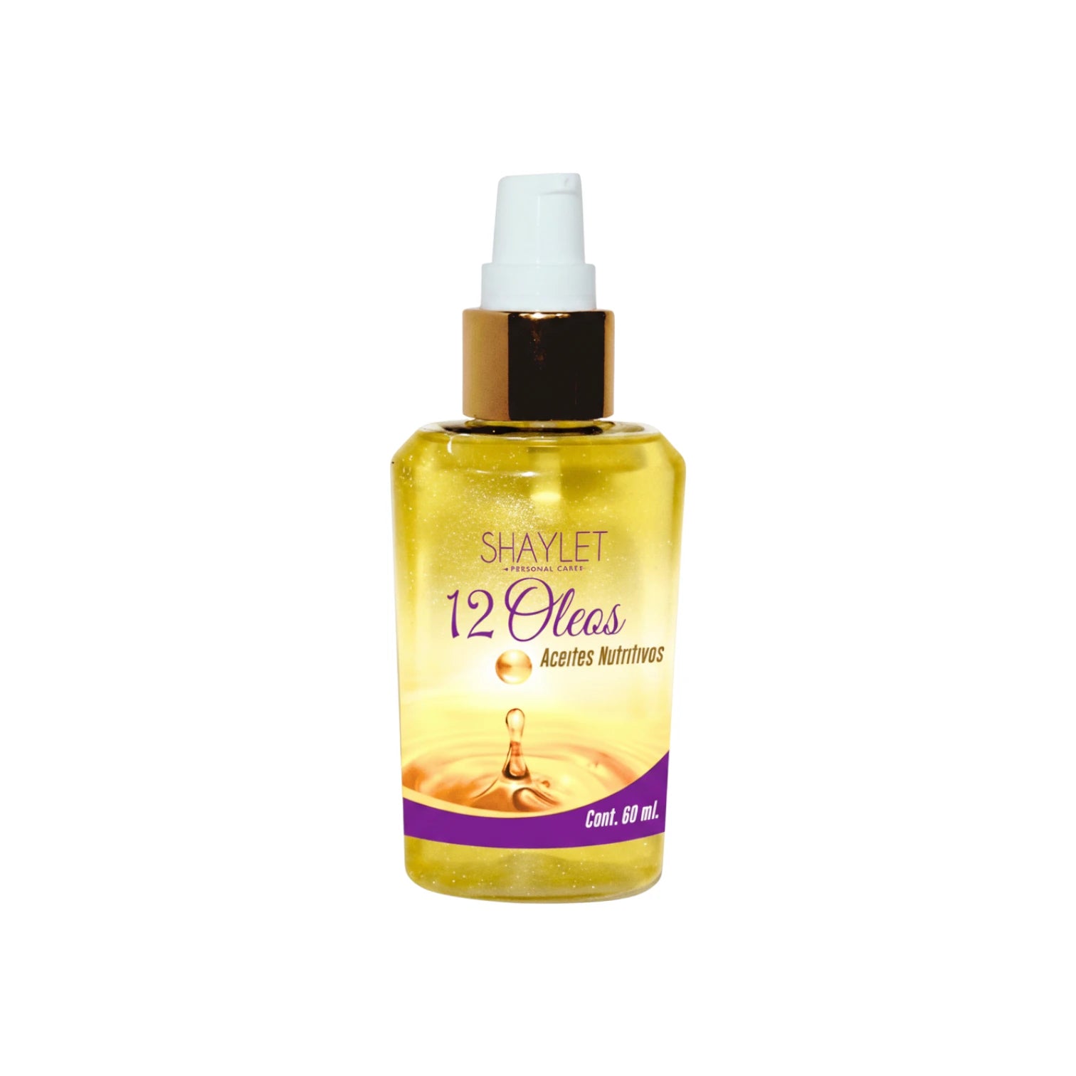 Frasco de 60 ml de Aceite Capilar 12 Aceites Nutritivos Shaylet con tapa dorada y dosificador tipo bomba, sobre fondo blanco