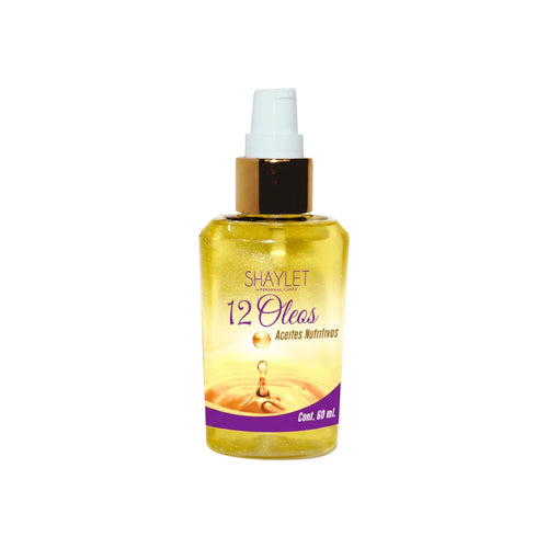 Frasco de 60 ml de Aceite Capilar 12 Aceites Nutritivos Shaylet con tapa dorada y dosificador tipo bomba, sobre fondo blanco