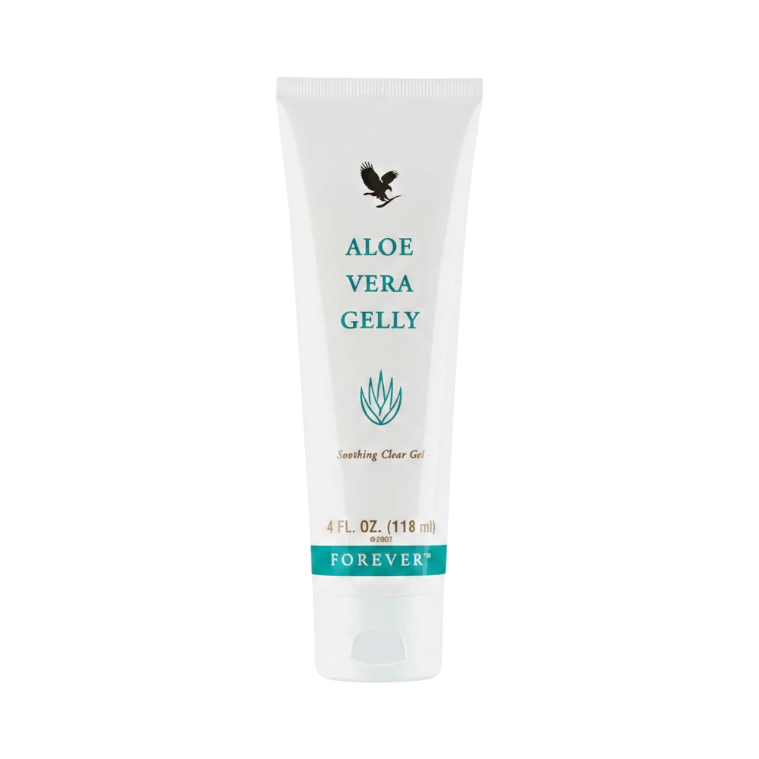 Tubo blanco de Aloe Vera Gelly Forever de 118 ml con logo de águila y banda turquesa, sobre fondo blanco
